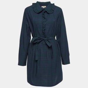 Burberry Navy Blue Plaid Cotton Ruffled Mini Dress L
