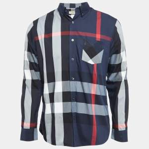 Burberry Navy Blue Plaid Button Down Shirt L