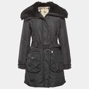 Burberry London Black Synthetic Fur Collar Trench Coat S