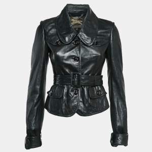 Burberry Black Leather Belted Button Front Jacket S