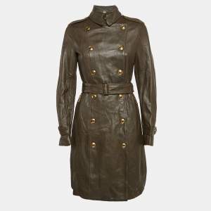 Burberry Brown Leather Double Breasted Trench Coat S