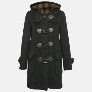 Burberry Black Wool Button Front Hooded Duffle Coat S
