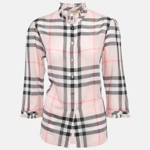Burberry Pink Plaid Cotton Puff Sleeves Ruffled Button Front Top S