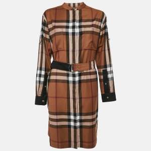 Burberry Brown Plaid Wool Belted Shirt Dress M