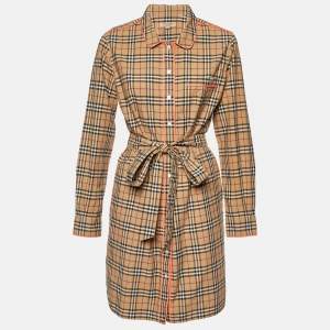 Burberry Beige Plaid Cotton Contrast Trimmed Mini Shirt Dress M