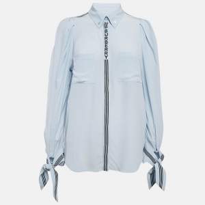 Burberry Light Blue Logo Print Silk Tie-Up Cuff Shirt S