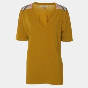 Burberry Yellow Cotton Blend Shoulder Patch V-Neck T-Shirt L