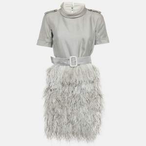 Burberry Grey Cotton Blend Ostrich Feather Fringed Short Dress S