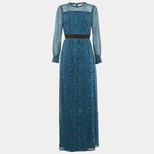 Burberry Blue Snake Print Silk Pleated Maxi Dress S