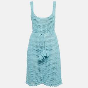Burberry Blue Crochet Belted Sheer Tank Dress L