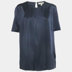 Burberry Navy Blue Satin Silk Faux Pleat Detail Top L