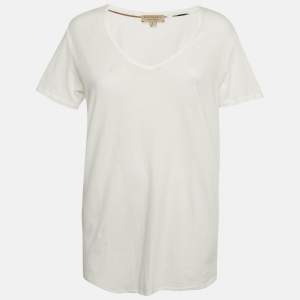 Burberry White Logo Embroidered Cotton V-Neck T-Shirt L