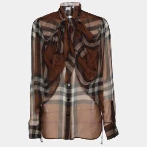 مملوكة مسبقًا Burberry Brown Check Silk Button Front Blouse XS