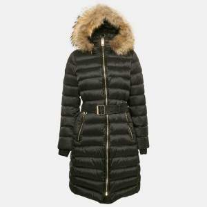 Burberry Black Nylon Real Fur Trim  Limefield Down Coat L