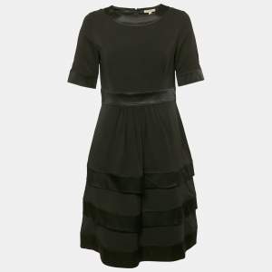 Burberry Black Satin Trim Silk Tiered Mini Dress S