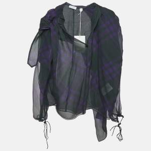 Burberry Dark Green/Purple Tartan Print Silk Long Sleeve Blouse S 