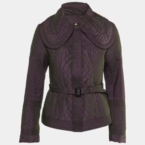 Burberry Purple Synthetic Quilted Zip Froont Belted Jacket S