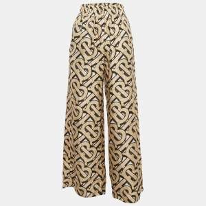 Burberry Beige Monogram Print Silk Trousers XS