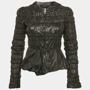 Burberry Black Leather Ruched Zip-Up Jacket S