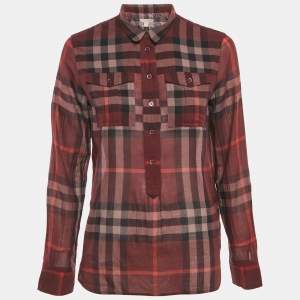 Burberry Burgundy Checks Cotton Half Placket Shirt S