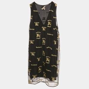 Burberry Black Logo Lurex Embroidery Sleeveless Short Dress S