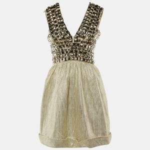 Pre Owned Burberry Metallic Studded Cotton Lurex V-Neck Mini Dress S