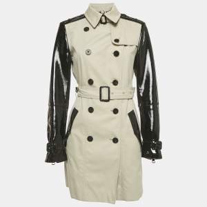 Pre Owned Burberry Beige/Black Gabardine and Faux Leather Short Trench Coat M