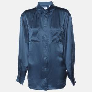 Pre Owned Burberry Midnight Blue Satin Logo Long Sleeve Shirt S