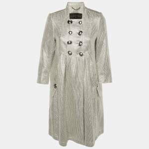Pre Owned Burberry Silver Lurex Detail Double Breasted Coat M