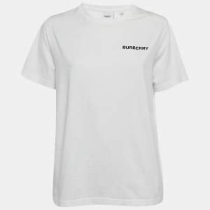 Pre Owned Burberry White Logo Embroidered Cotton Crew Neck T-Shirt S 
