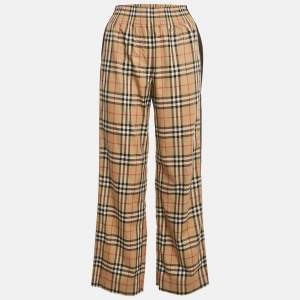 Pre Owned Burberry Beige Check Print Cotton Contrast Side Trim Louane Trousers XS