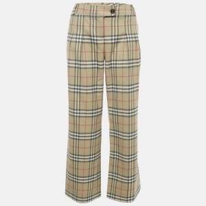 Pre Owned Burberry Beige Check Print Wool Wide Leg Trousers S