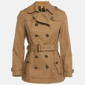 Pre Owned Burberry Brown Cotton Blend Leather Detail Short Trench Coat XS