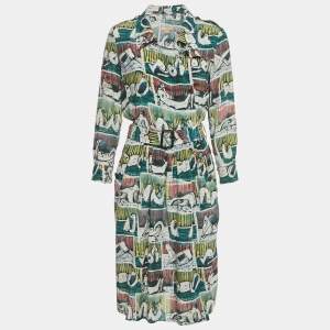 Pre Owned Burberry Green Reclining Figures Silk Trench Midi Dress S