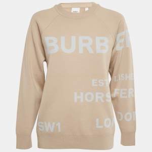 Pre Owned Burberry Beige Logo Print Wool Crewneck Sweater S