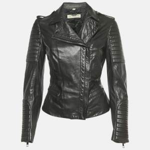 Pre Owned Burberry Black Leather Biker Jacket S