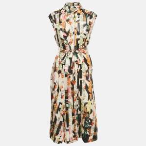 Pre Owned Burberry Multicolor Printed Button Front Belted Midi Dress S 