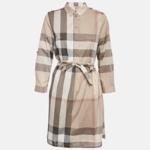 Pre Owned Burberry Beige Checkered Print Cotton Mini Shirt Dress M 