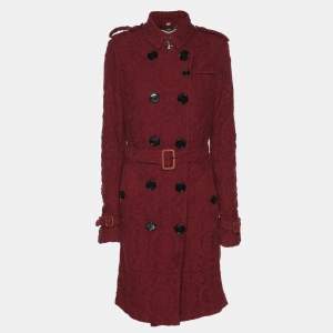 Pre Owned Burberry Burgundy Lace Double Breasted Belted Trench Coat L