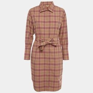 Pre Owned Burberry Beige /Pink Checkered Print Cotton Short Shirt Dress S