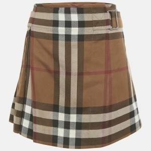 Pre Owned Burberry Brown Checks Wool Pleated Wrap Mini Skirt S