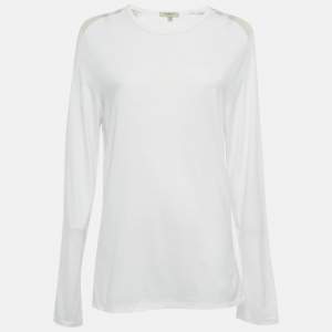 مملوكة مسبقًا قميص بربري أبيض بنمط كاروهات طويل الأكمام جيرسي كتف ميديوم