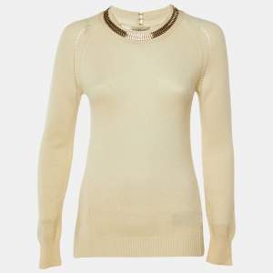 مملوكة مسبقًا Burberry Cream Collar Embellished Wool Blend Jumper S