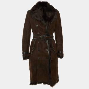 Pre Owned Burberry Brown Sued Shearling Fur Coat S