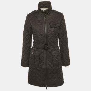 Pre Owned جاكيت بربري أسود صناعي مبطن بكريستال مزيف بسحاب مقاس صغير جداً (صغير جداً)