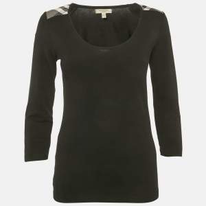 مملوكة مسبقًا Burberry Black Checks Trim Jersey Long Sleeve T-Shirt S