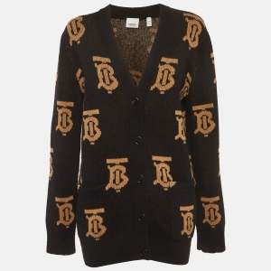 Pre Owned Burberry Black Monogram Jacquard Wool Cardigan XS