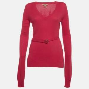 Pre Owned Burberry Pink Knit Cashmere Belted Sweater S