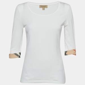 Pre Owned Burberry White Nova Check Jersey Scoop Neck Top S