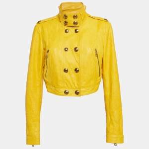 Pre Owned Burberry Yellow Leather Biker Jacket M